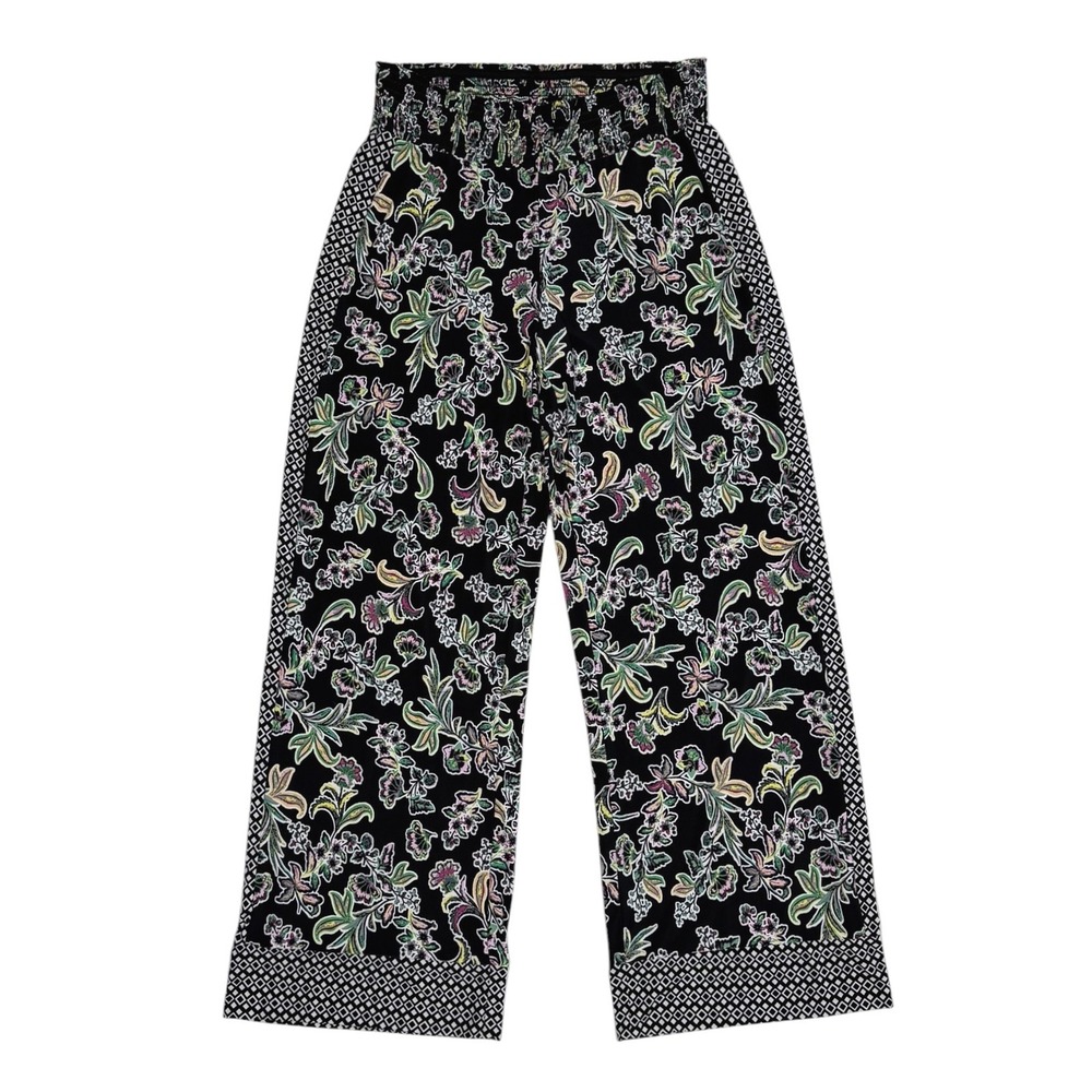 INC International Concepts Floral Wide Leg Smocked Waist Pants Black Womens M